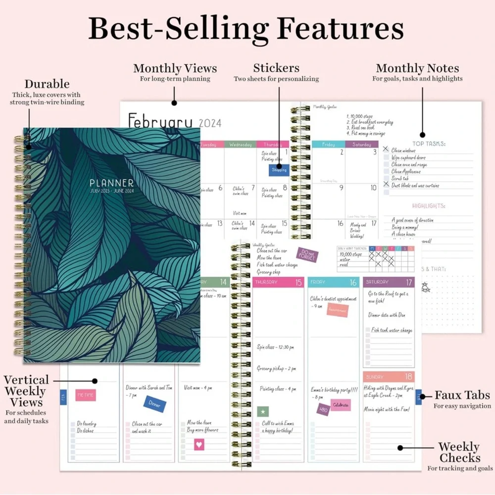 PLANNER JULY2023-JUN 2024 Tropical Foliage Medium Weekly Monthly Planner.